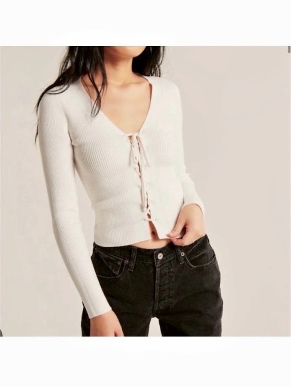 Abercrombie & Fitch Small Lace Up Ribbed Cardigan White Small